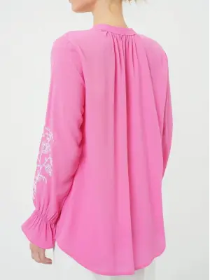 Yakası Bağlamalı Kolu Nakışlı Lastikli Gömlek -Pembe
