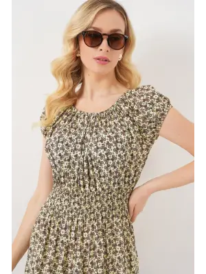 Yakası Büzgü Detaylı Elbise 2544 - Yağ Yeşil