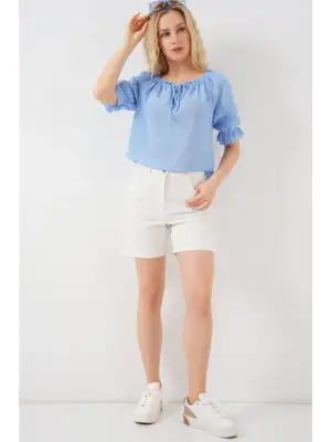 Yakası Fırfır Detaylı Bluz 959 - Mavi