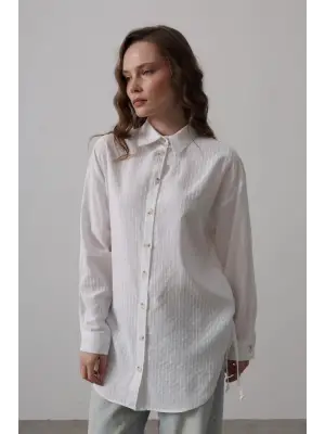 Omarı Beyaz Yan Büzmeli Tunik Gömlek