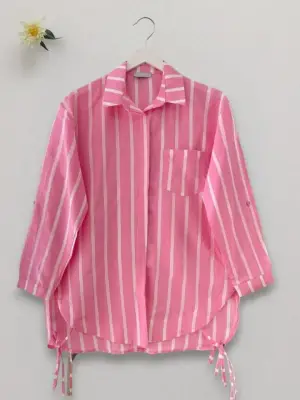 Omarı Pembe Çizgili Gömlek Yandan Bağlamalı Cepli