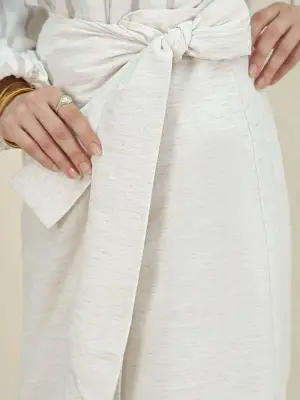 Bej Yandan Bağlamalı Keten Etek Kadın Giyim