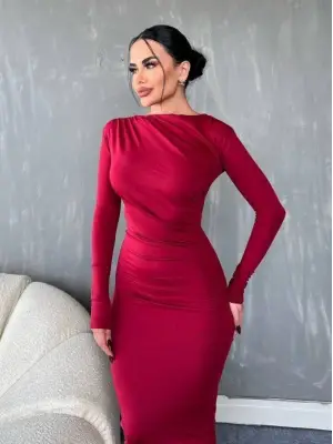 Yanı Büzgülü Uzun Skuba Elbise -Bordo