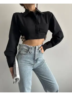 Yanı kemer detaylı crop gömlek siyah s4009