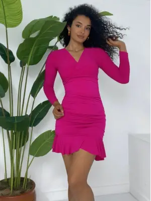 Yanları Lastikli Eteği Volanlı Sandy Mini Elbise -Fuşya