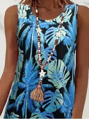 Omarı Mavi Yaprak Desenli Kadın Askılı Elbise