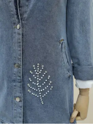 Omarı Yaprak Desenli Denim Ceket - Mavi