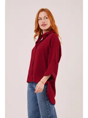 Omarı Rahat Kalıplı Yarasa Kol Bordo Gömlek