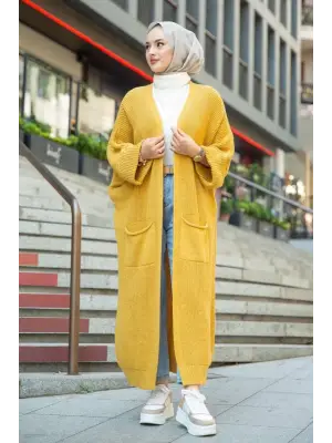 Yarasa kol uzun triko hırka hardal