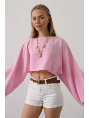 Omarı Pembe Yarasa Kollu Crop Bluz - Trendy Tasarım