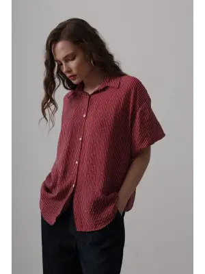 Yarım Balon Kol Çizgili Gömlek - Bordo