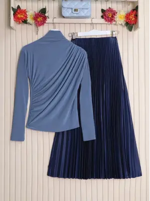 Yarım Boğaz Büzgülü Sandy Bluz        -İndigo