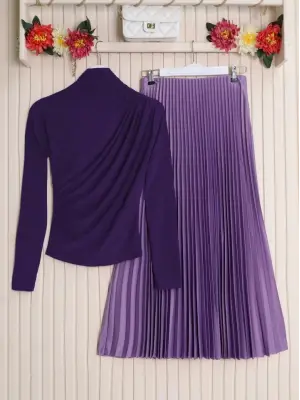 Yarım Boğaz Büzgülü Sandy Bluz      -Mor