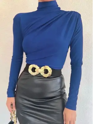 Yarım Boğaz Büzgülü Sandy Bluz  -Saks