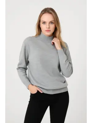 Yarım Boğaz Triko Kazak Yumuşak Dokulu Pamuklu Ince Dokuma, Uzun Kollu Rahat Regular Kalıp - Gri