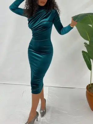 Omarı Zümrüt Kadife Elbise - Trend Setter