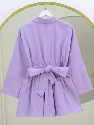 Lila Yarım Düğmeli Beli Bağlamalı Tunik Kadın Giyim