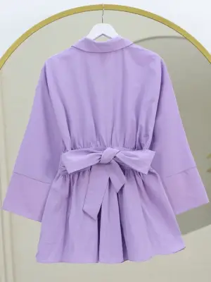 Omarı Renkli Beli Bağlamalı Yanı Fermuarlı Tunik - Lila