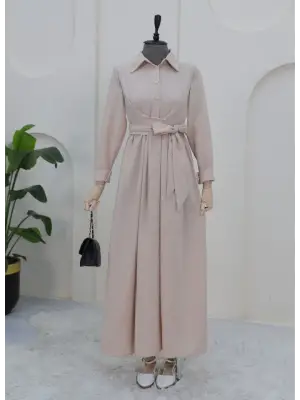 Yarım Düğmeli Önü Çapraz Bağlamalı Keten Elbise -Bej