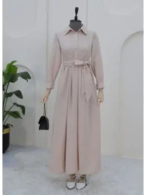 Omarı Etnik Tarzda Çapraz Bağlamalı Keten Elbise - Bej