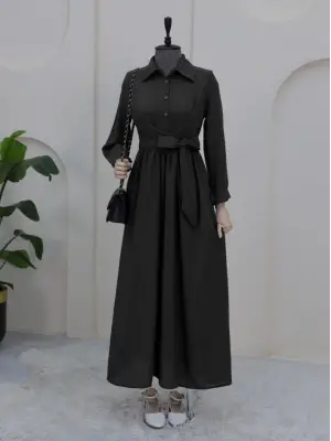 Yarım Düğmeli Önü Çapraz Bağlamalı Keten Elbise -Siyah