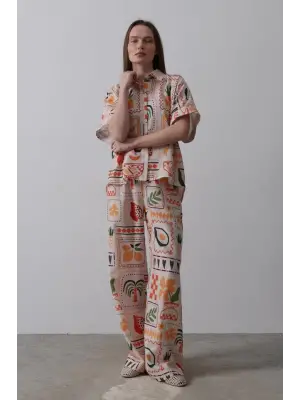 Omarı Taş ve Turuncu Baskılı Kısa Kol Takım