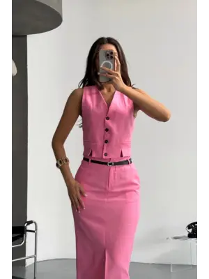 Omarı Ön Yırtmaçlı Pembe Keten Etek Yeleği