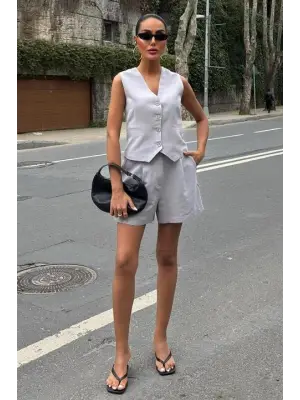 Yelek Şort Flamlı Keten Takım 10133-17