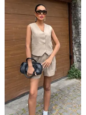 Yelek Şort Flamlı Keten Takım 10133-17