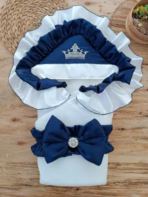 Lüks Kelebek Taç Nakışlı Bebek Battaniyesi - Kundak Lacivert