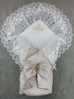 Zarif Kadife Taç Nakışlı İnci Fiyonklu Çift Dantel Duvak Bebek Battaniyesi