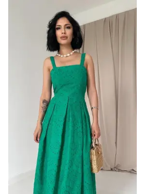 Yeşil Askılı Aparatlı Brode Elbise