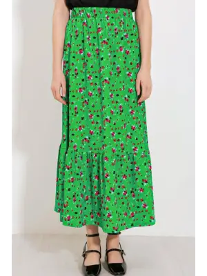 Yeşil Çiçek Desenli Uzun Örme Etek 1886