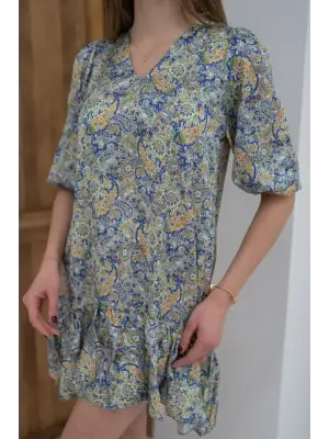 Yeşil Desenli Saten Elbise