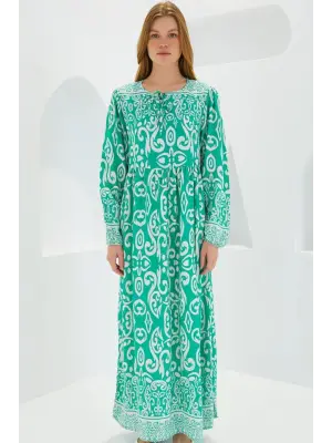 Yeşil Ekru Desenli Uzun Viskon Elbise 1947