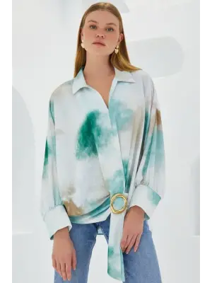 Yeşil Ekru Oversize Dökümlü Saten Gömlek 907