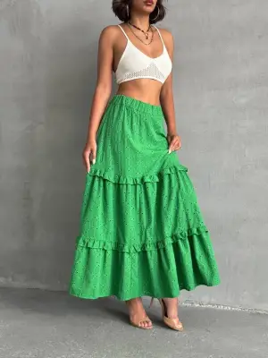 Omarı Yeşil Fırfırlı Astarlı Uzun Etek