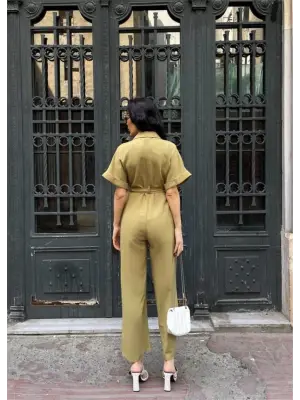 Omarı Yeşil Keten Tulum - Bel Bağlama Detayıyla Şıklık!