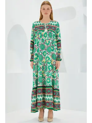 Yeşil Kırmızı Desenli Uzun Viskon Elbise 1947