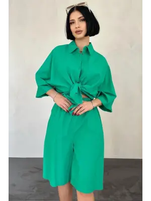 Yeşil Kısa Kollu Keten Gömlek Ve Şort Takım