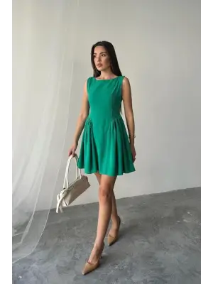 Yeşil Mini Boy Büzgülü Keten Elbise
