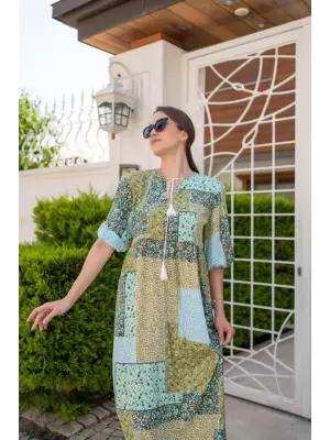 Omarı Yırtmaç Detaylı Salaş Yeşil Elbise