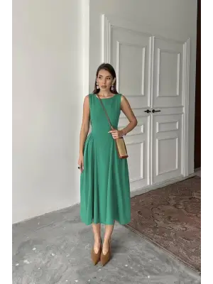 Omarı Büzgülü Midi Boy Yeşil Keten Elbise