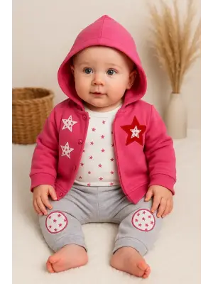 Yıldız Nakışlı Kapişonlu Kız Bebek Takımı