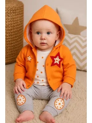 Yıldız Nakışlı Kapişonlu Kız Bebek Takımı