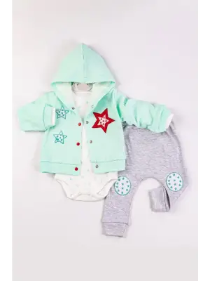 Yıldız Nakışlı Kapişonlu Kız Bebek Takımı