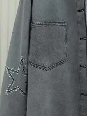 Yıldız Taş Baskılı Çift Cepli Kot Ceket -Füme