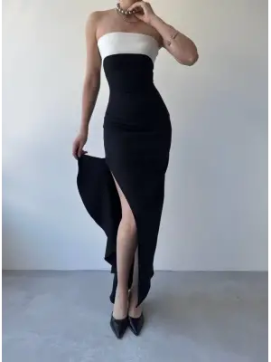 Omarı Zarif Yırtmaç Detaylı Elbise