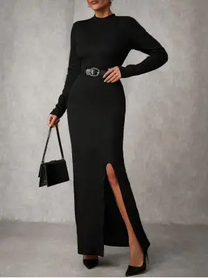 Yırtmaçlı jakarlı uzun elbise siyah A3793