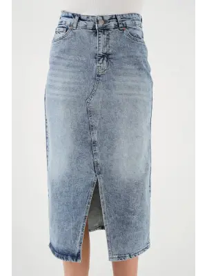 Yırtmaçlı Midi Kot Etek 8038 - Mavi